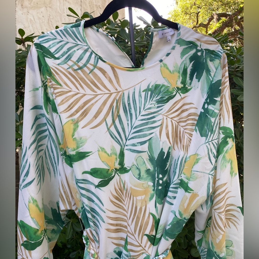 Gianni Bini White Mini Dress with Green & Tan Leaf Print - Picture 9 of 11